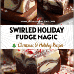 White and dark Chocolate Marble Fudge squares topped with crushed peppermint on a wooden board.